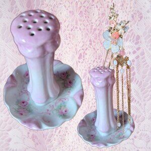 Vintage HP Pink Rose Hatpin Holder Trinket Display Cottage Romantic Fairycore